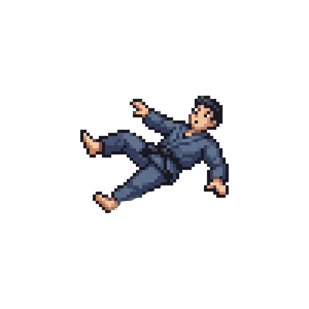 A Dramatic Roundhouse Kick That Slips on the Tatami, Sending Them Skidding Flat on Their Back