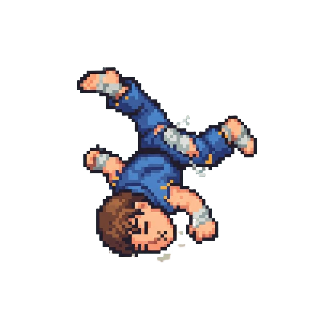 A Flying Crane Kick Where Pants Rip Comically Mid-air, Causing a Faceplant Before Making Contact
