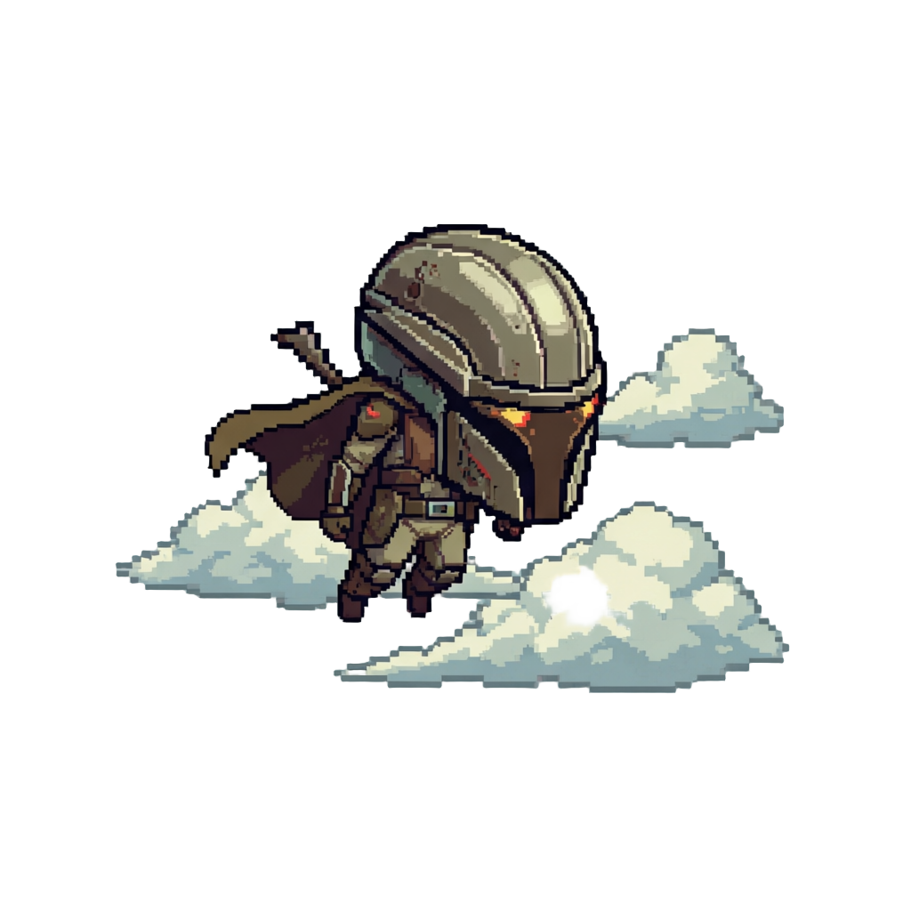 Din Djarin Flying Through Clouds on His Jetpack