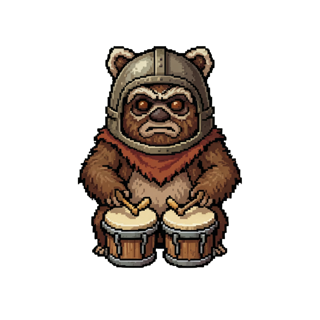 An Ewok Playing Bongo Drums on a Helmet