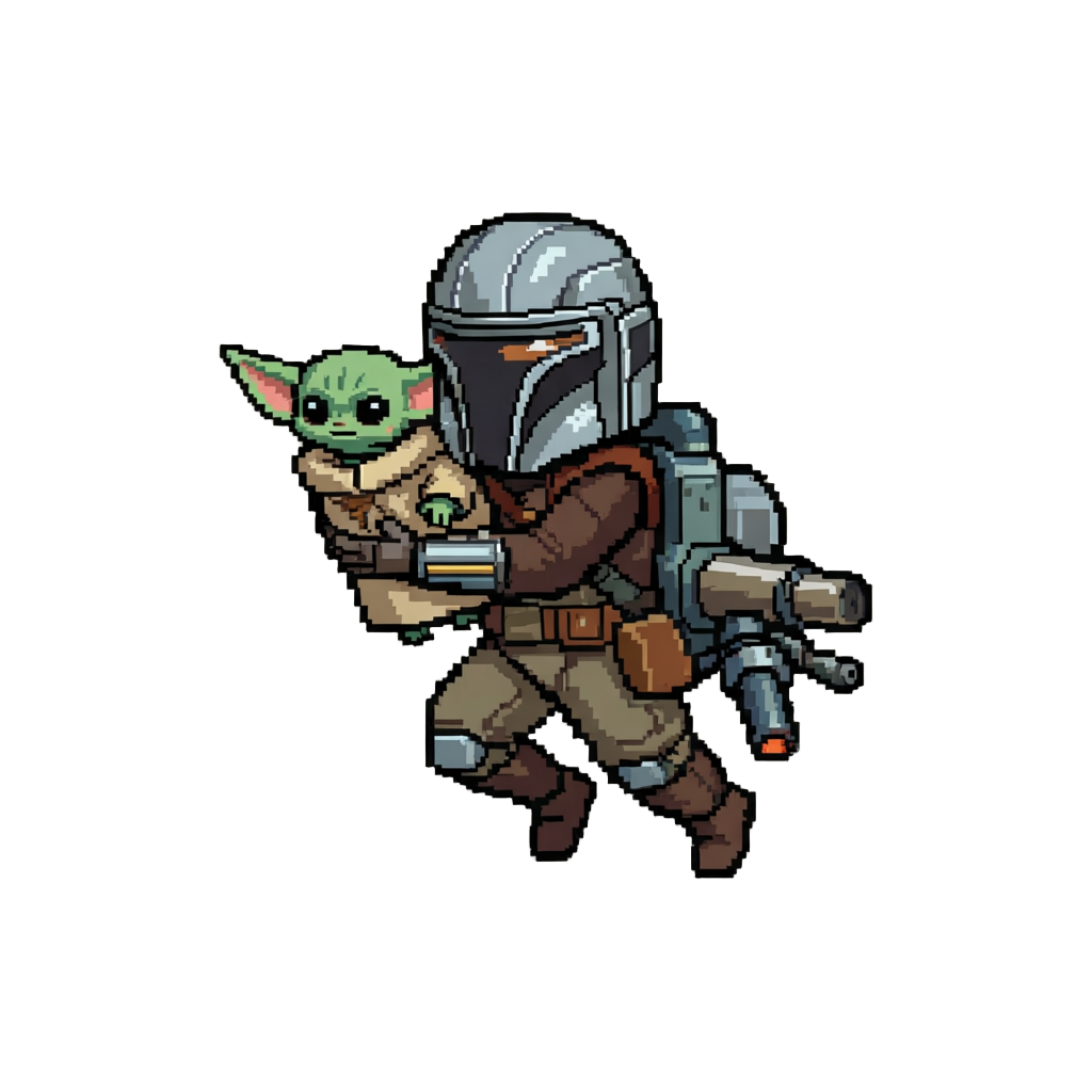 Din Djarin Flying on a Jetpack Holding Grogu