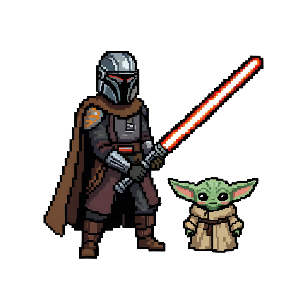 Din Djarin Unsheathing the Darksaber Alongside Grogu