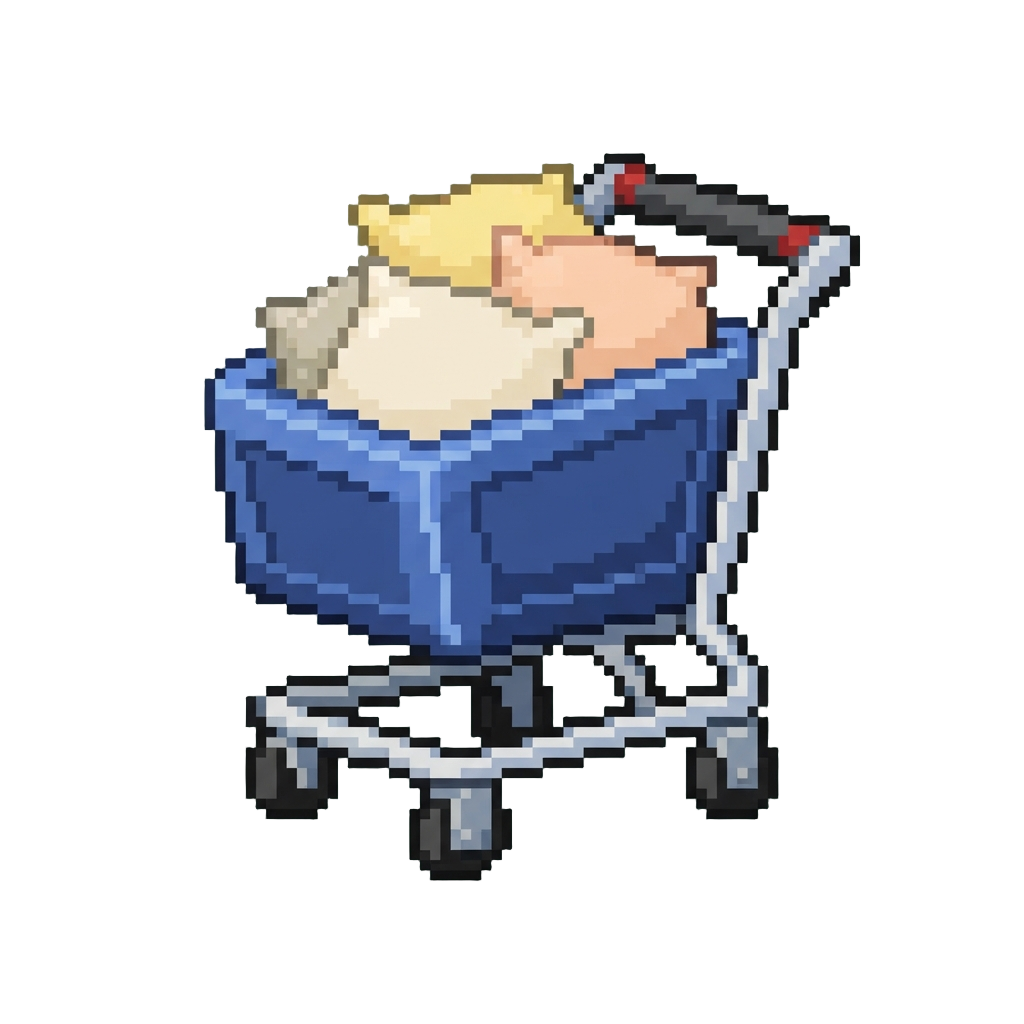 A Blue Plastic Shopping Cart Filled with Pillows