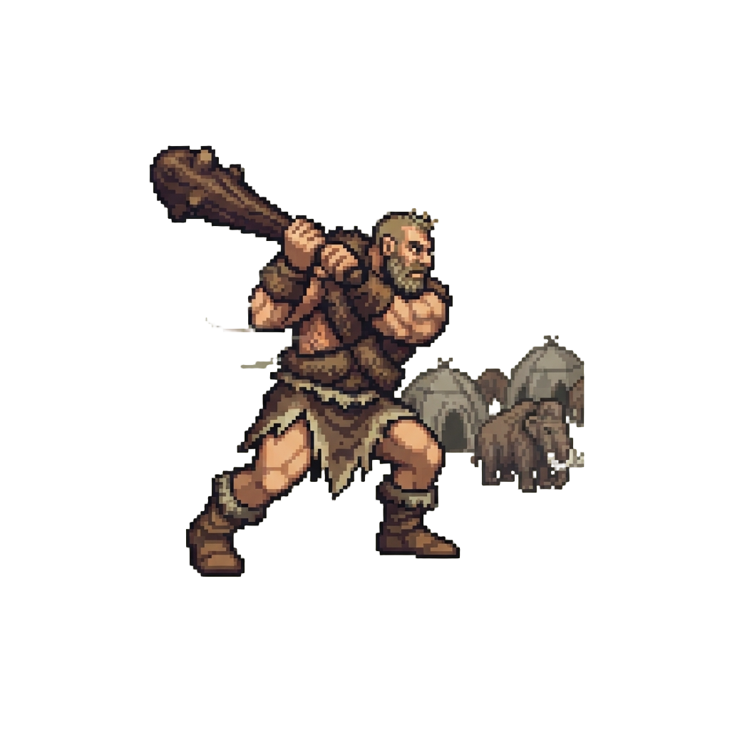 A Giant Swinging a Club Near a Mammoth Camp
