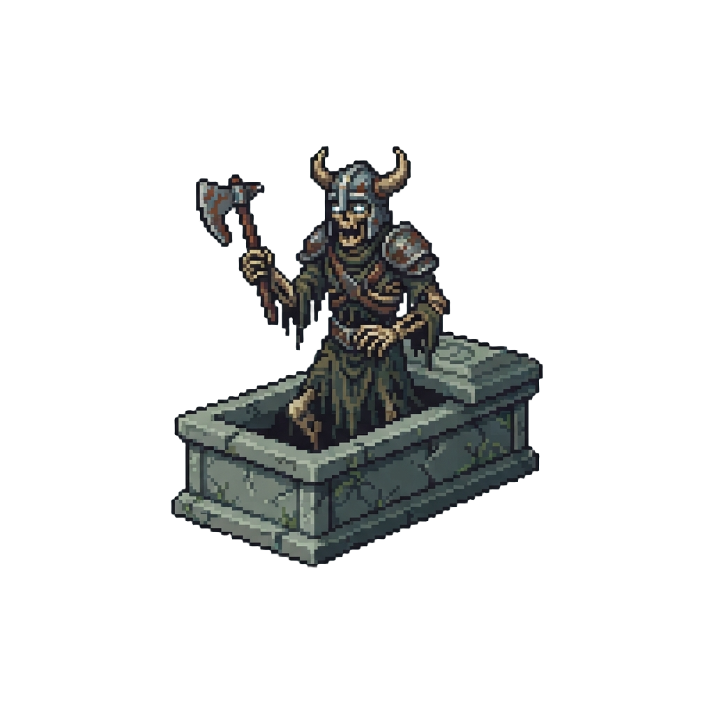 A Ancient Draugr Deathlord Rising From a Stone Tomb