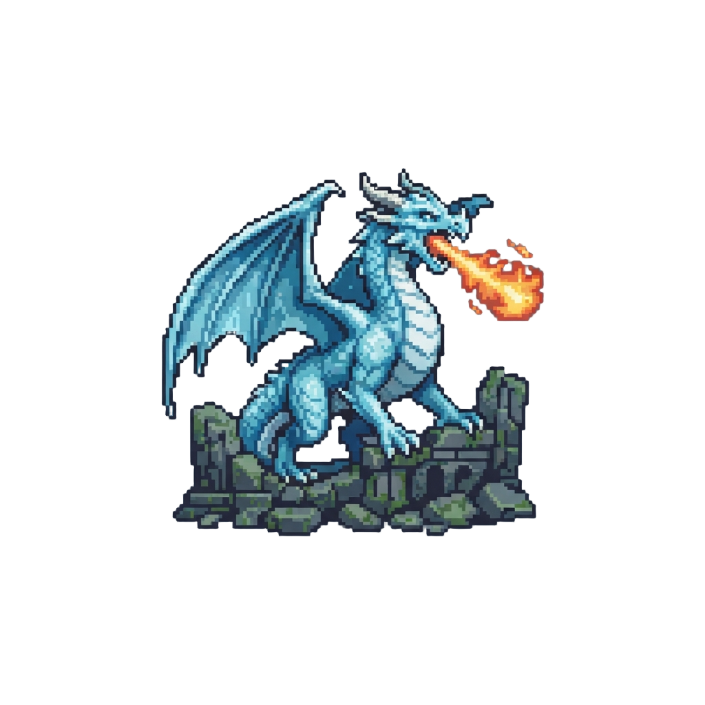 A Roaring Fire-breathing Frost Dragon Landing on Ancient Ruins