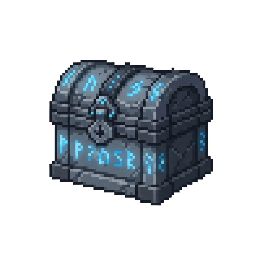 A Massive Stone Relic Chest Glowing with Magical Rune Light