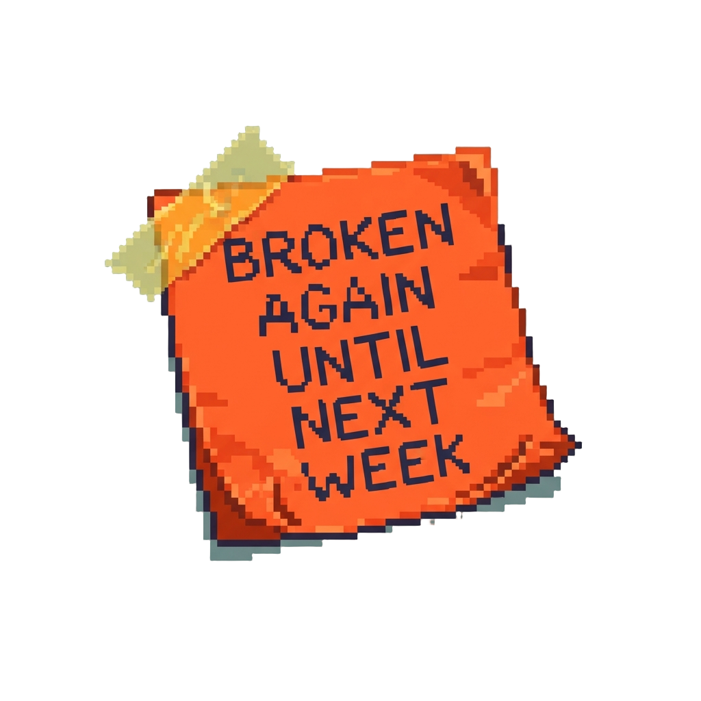 A Taped Neon Sticky Note Reading Broken Again Until Next Week