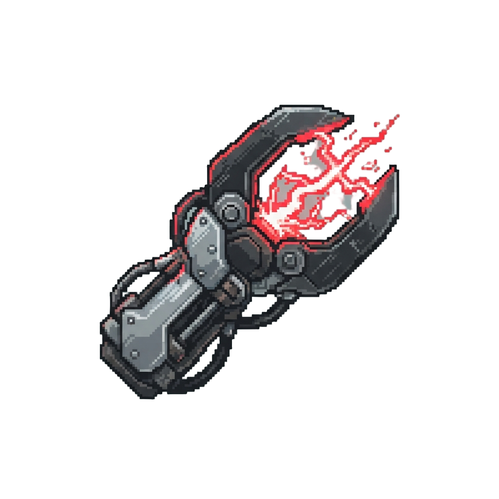 A Heavy Cyber-pincer Arm Crackling with Red Arc Energy