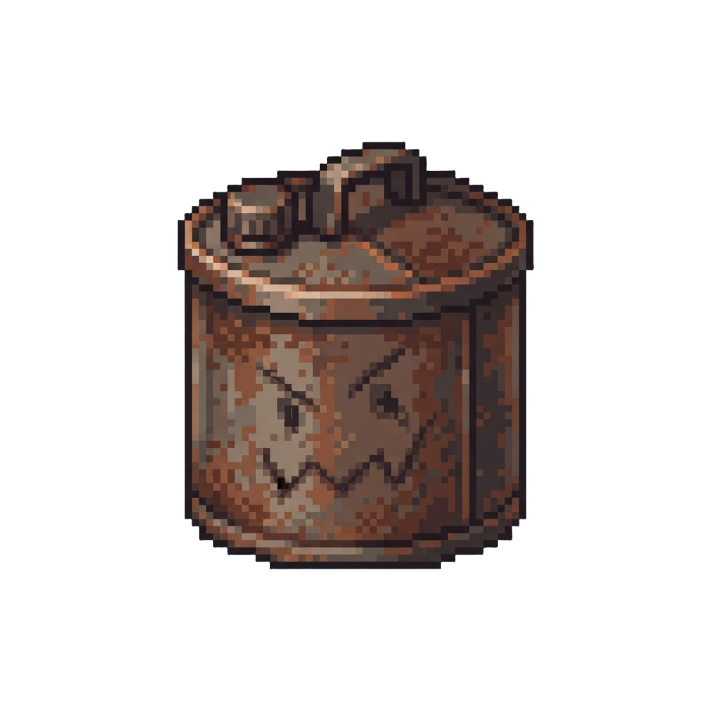 An Empty Rusty Oil Can with a Squig Face Drawn on It