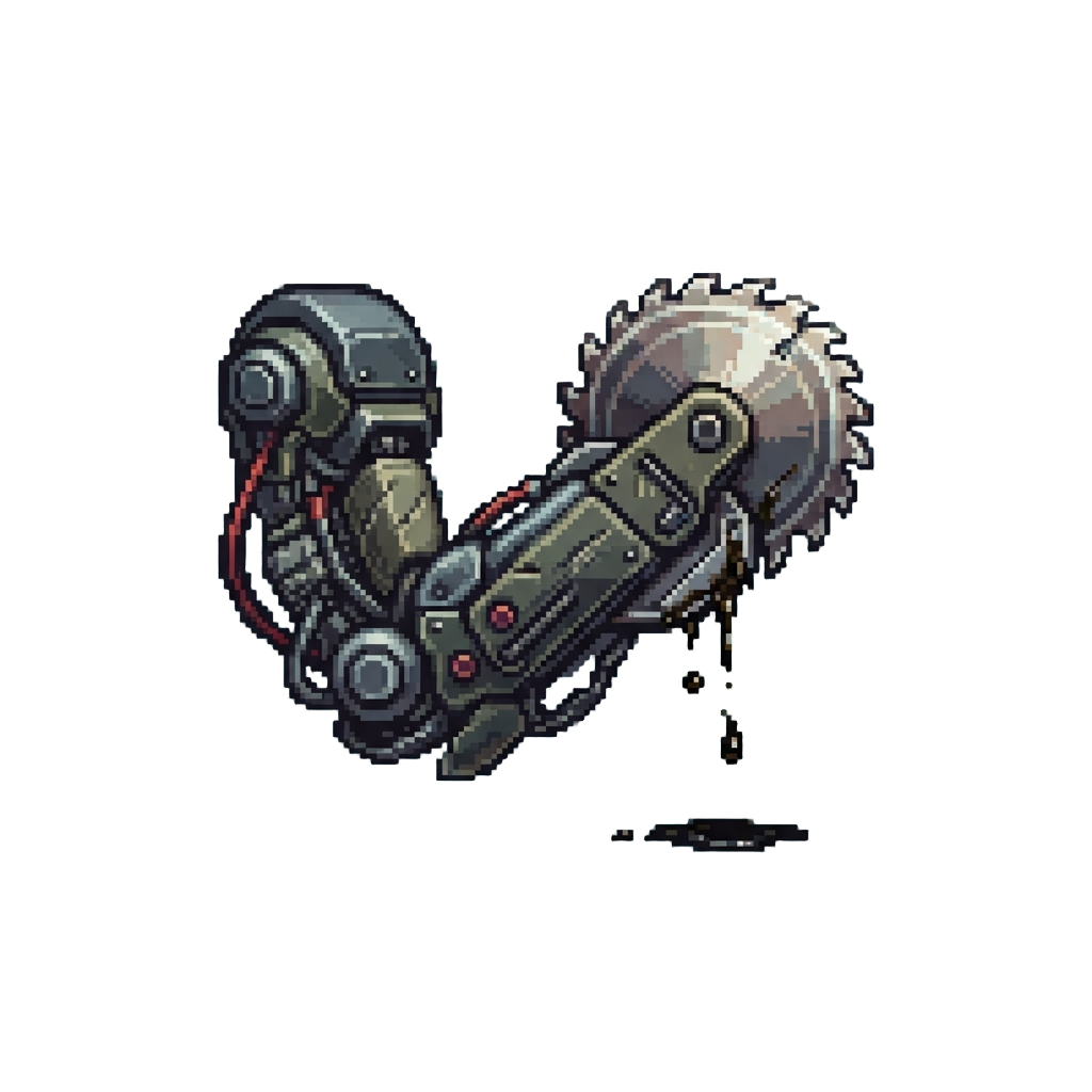A Buzz-saw Cybernetic Forearm Dripping with Gear Oil