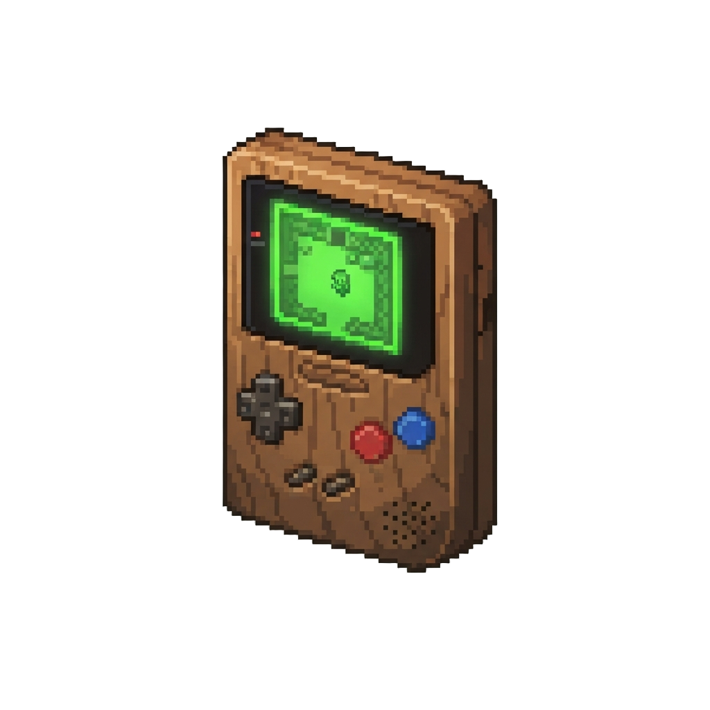 A Wooden Game-bip Console with a Glowing Green Screen