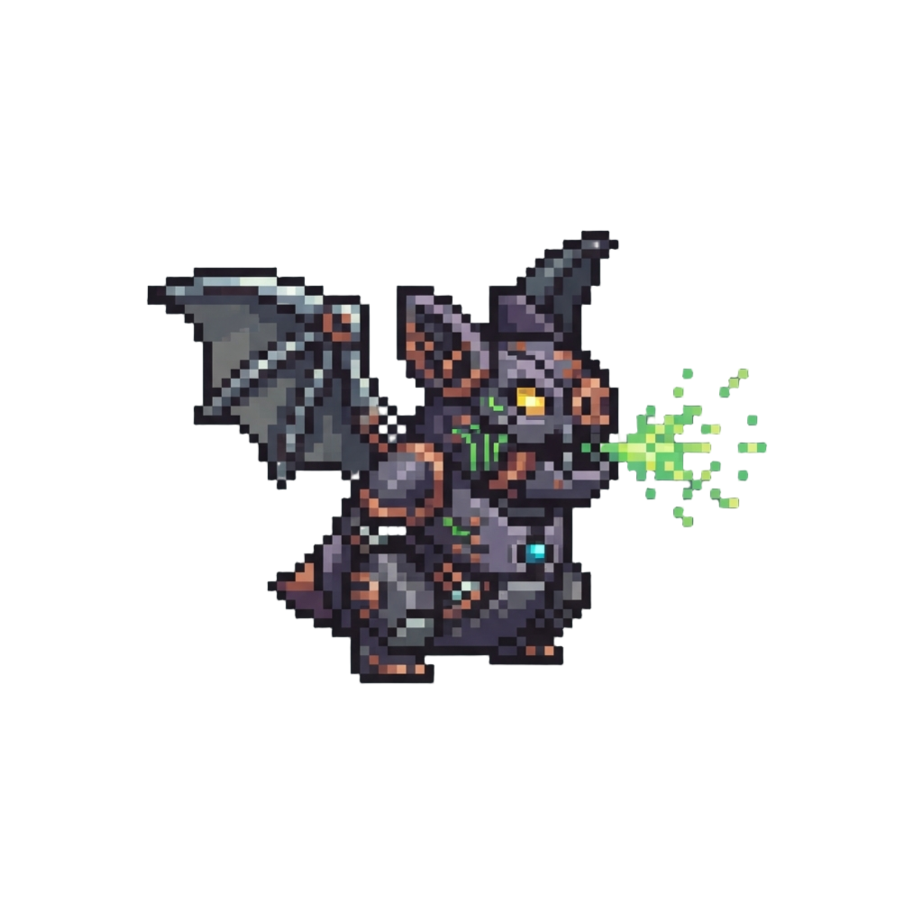 A Cybernetic Winged Squig-bat Spitting Green Sparks