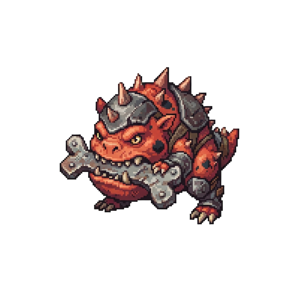 A Spiky Armored Squig Gnawing on a Scrap Metal Bone