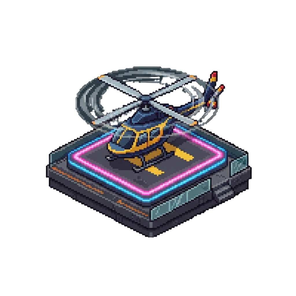 A Neon Penthouse Helipad with Whirling Helicopter Blades