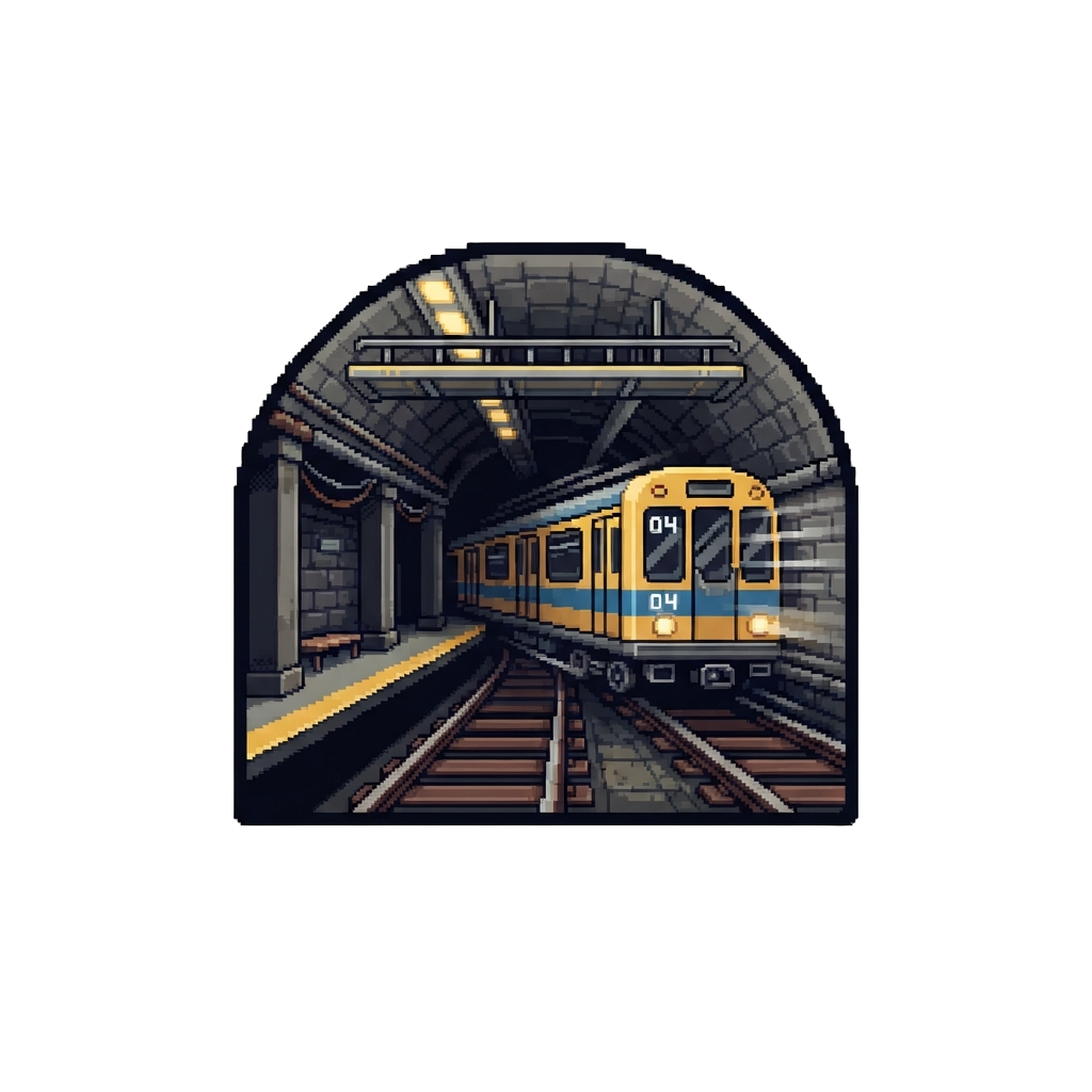 A Subterranean Subway Terminal with a Speeding Pixel Express Train