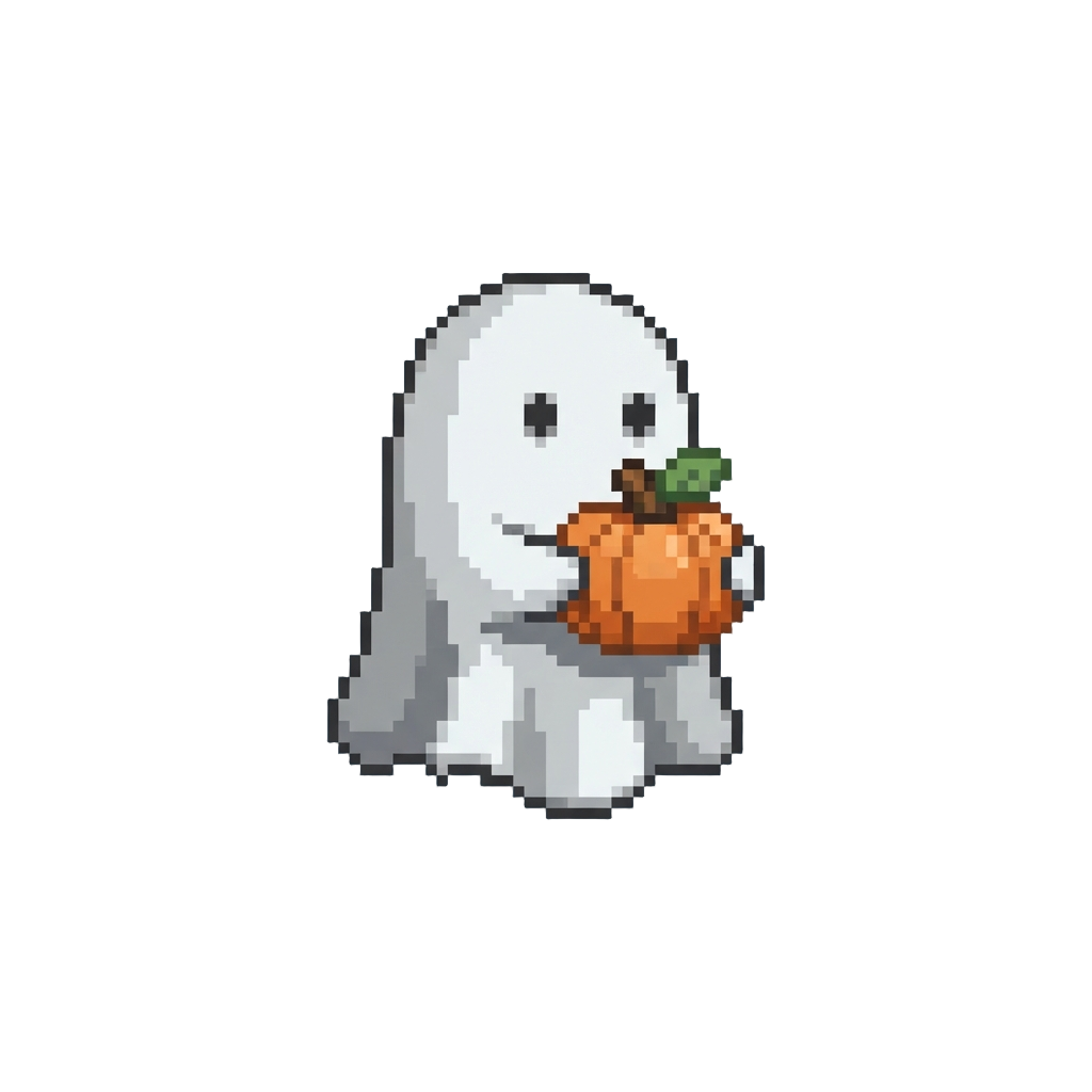 A Tiny Floating Bedsheet Ghost Holding a Pumpkin