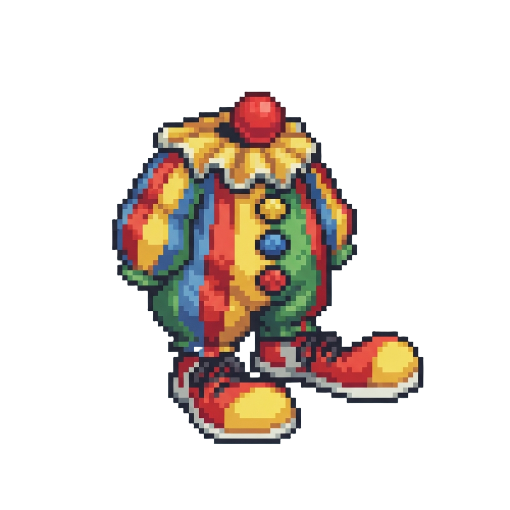 A Silly Clown Outfit with Giant Floppy Shoes and Red Nose