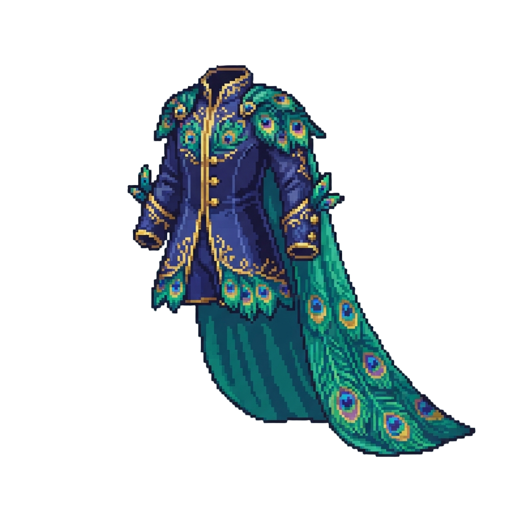 A Majestic Feathered Peacock Suit with a Trailing Cape