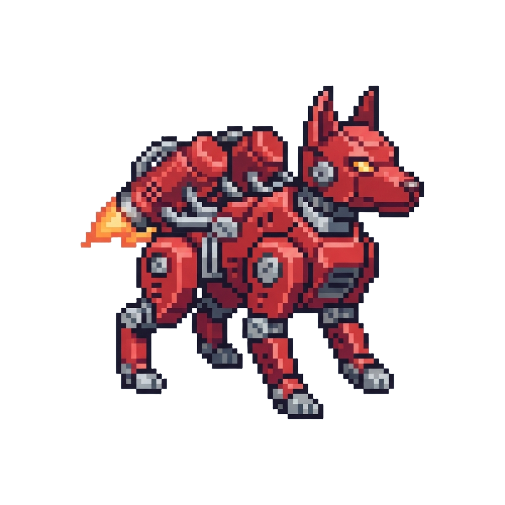 A Red Metallic Robot Dog with Jet Boosters