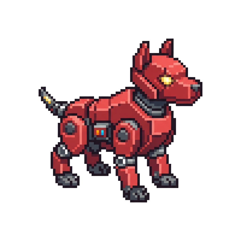 A Pixelated Red Robot Canine