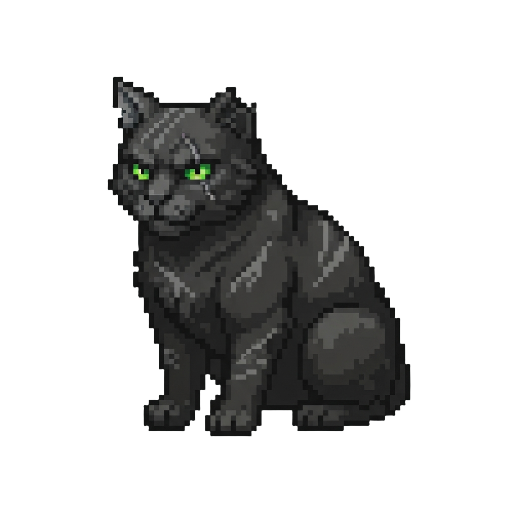 A Colossal Battle-scarred Black Cat with Fiery Green Eyes