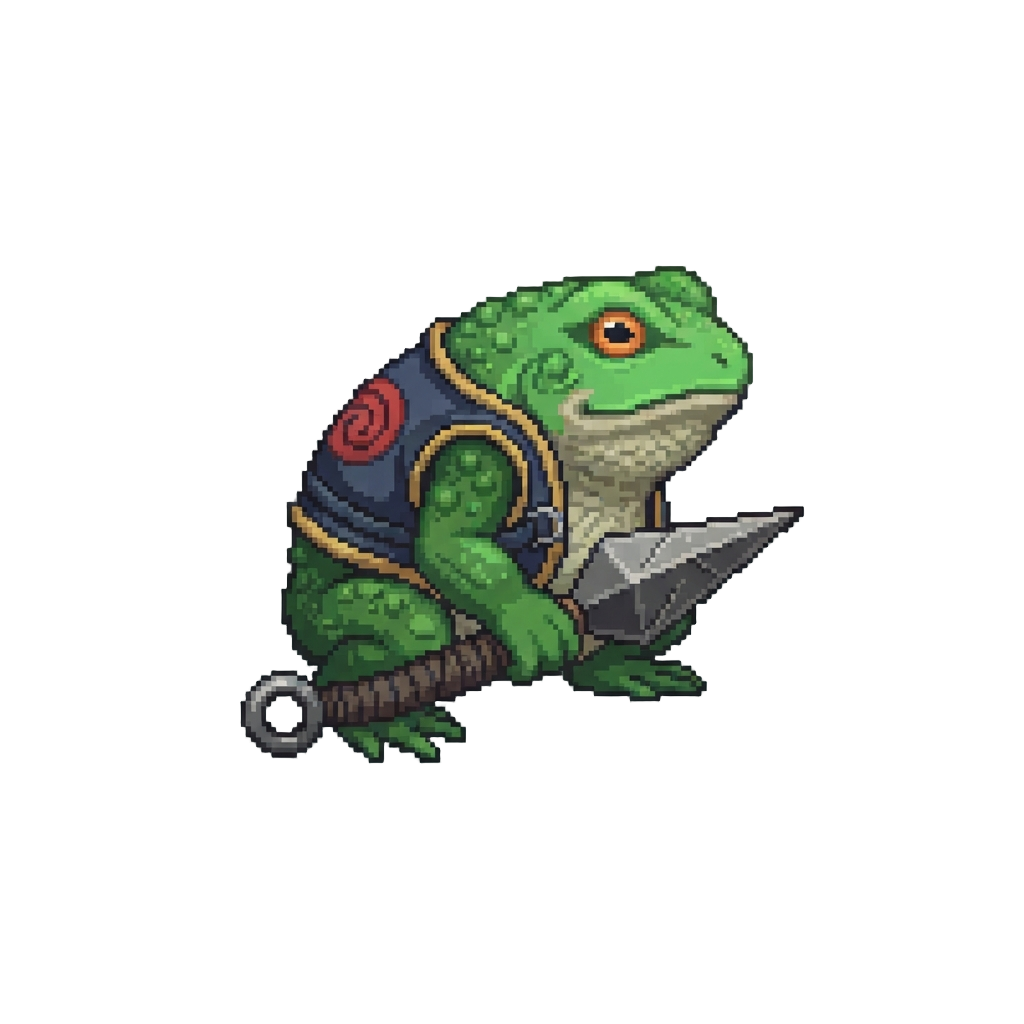 A Giant Armored Toad Wearing a Ninja Vest and Holding a Massive Kunai