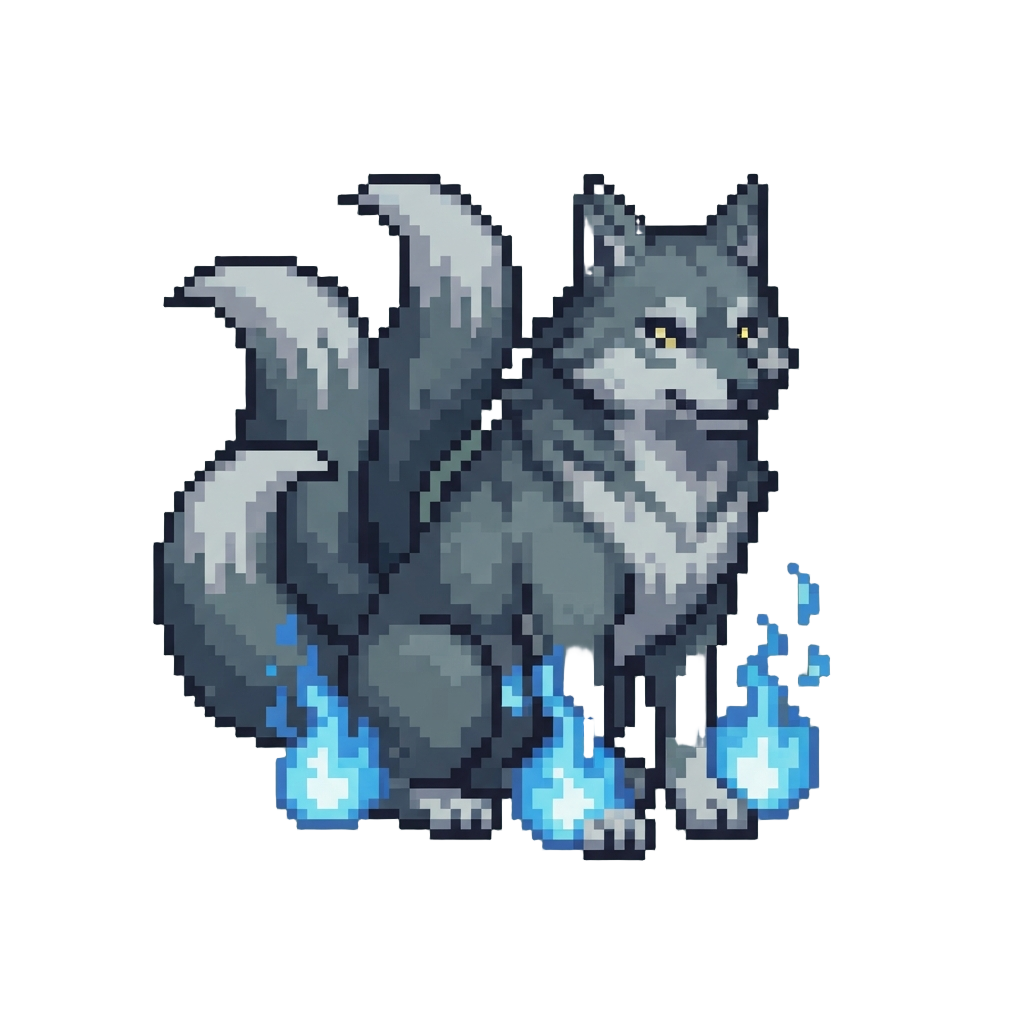 A Majestic Three-tailed Giant Wolf with Spirit Flames Around Its Paws