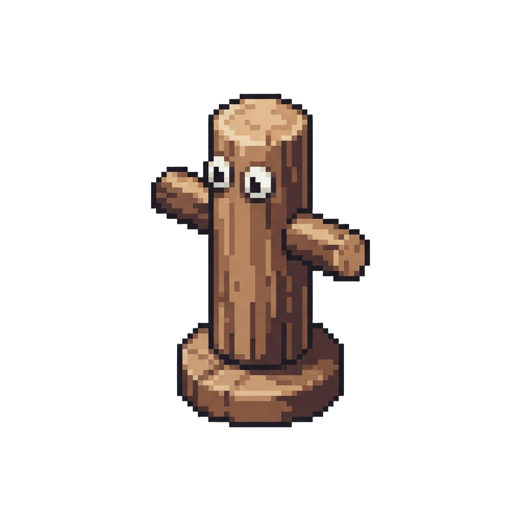 A Giant Wooden Training Dummy with Painted Googly Eyes