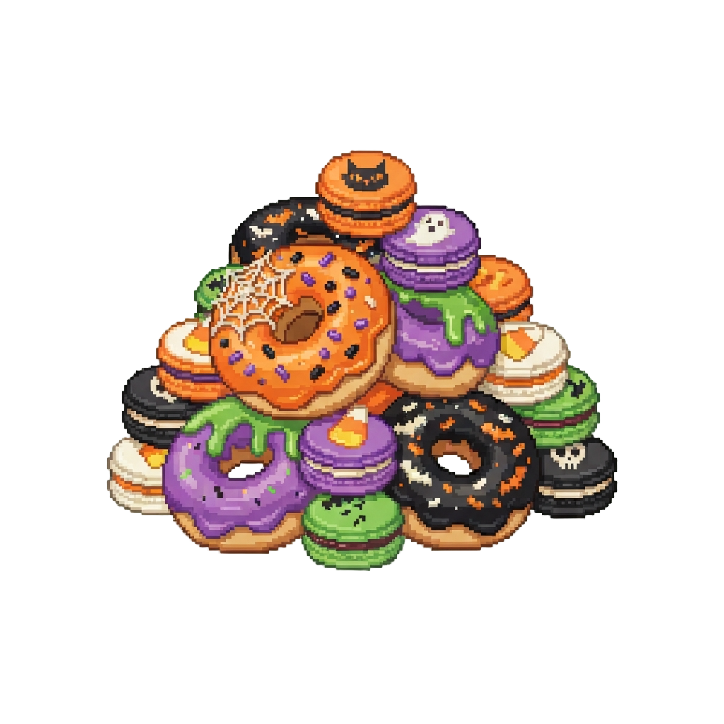 A Massive Mound of Glazed Halloween Donuts and Macarons