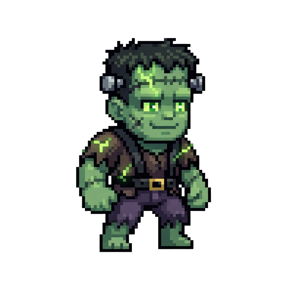 A Large Glowing Frankenstein Figure Blinking Cheerful Green Lights