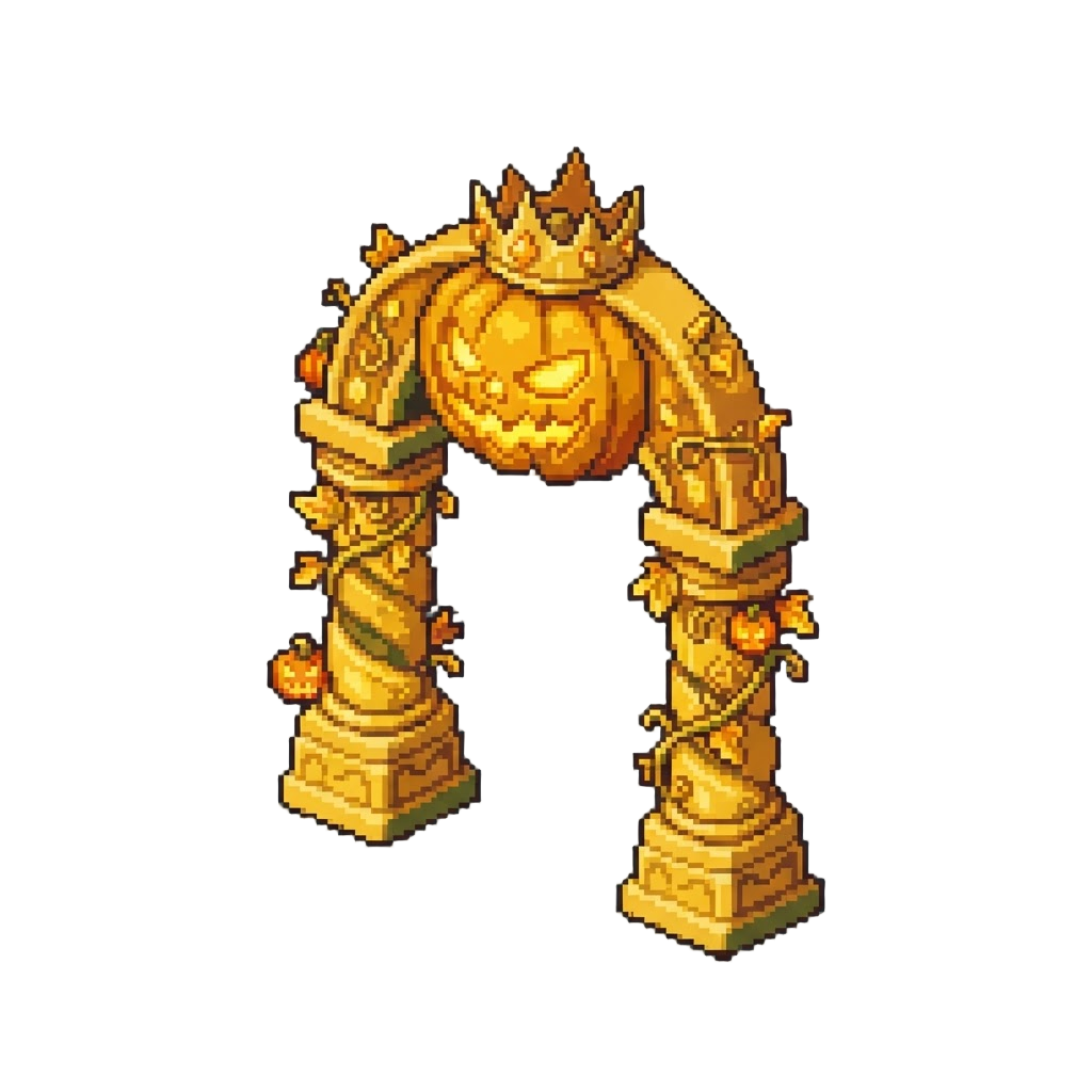 A Towering Golden Pumpkin King Archway with Glowing Eyes