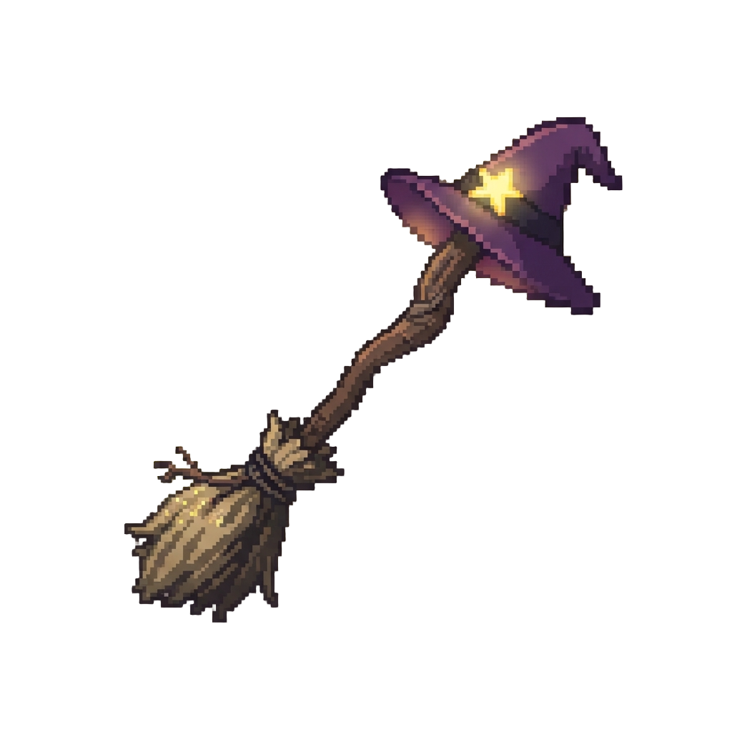 A Cackling Witch's Broom with a Glowing Hat
