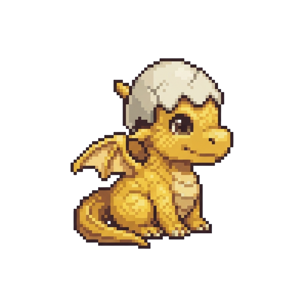 A Tiny Golden Baby Dragon with Eggshell on Its Head