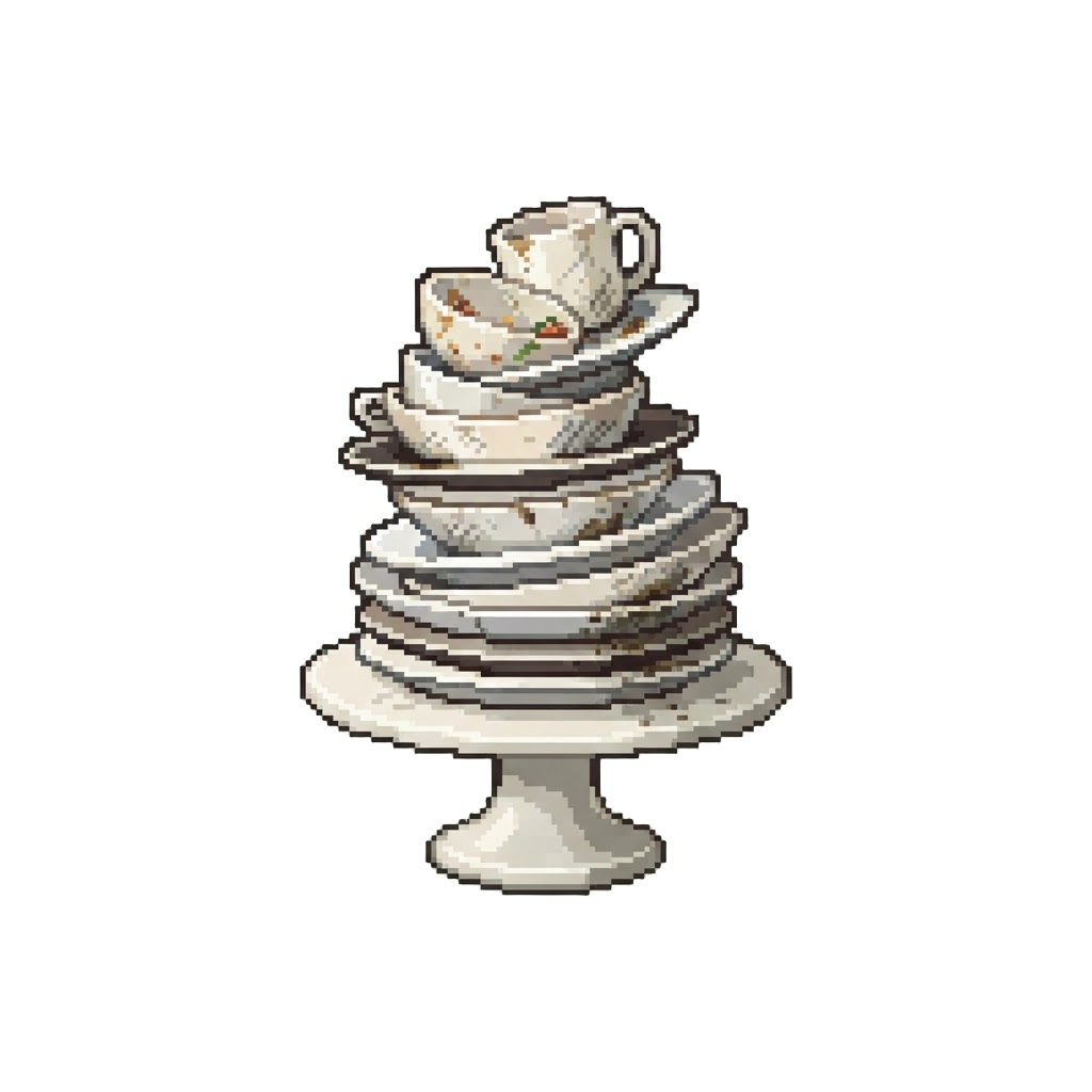 A Giant Stack of Dirty Dishes Resting on the Cake Stand