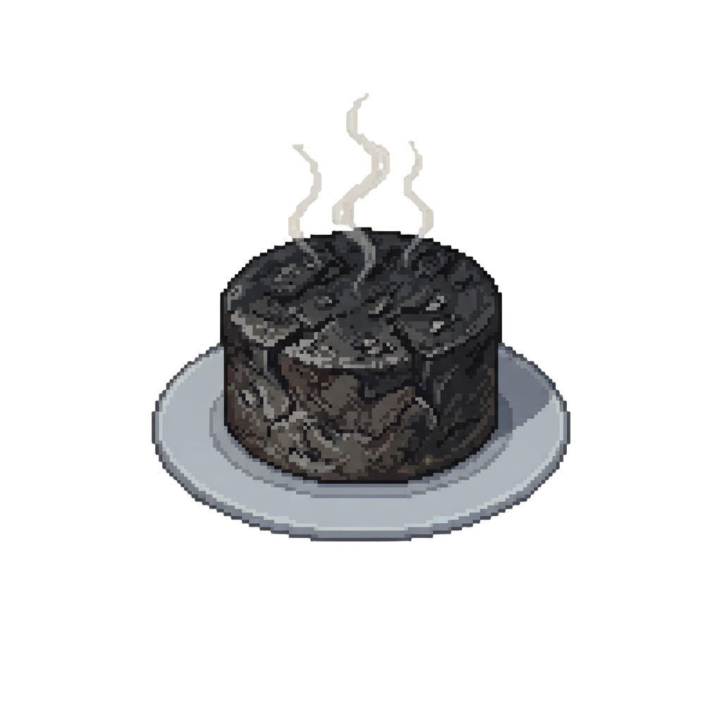 A Severely Burnt Black Charcoal Cake Smoking on the Plate
