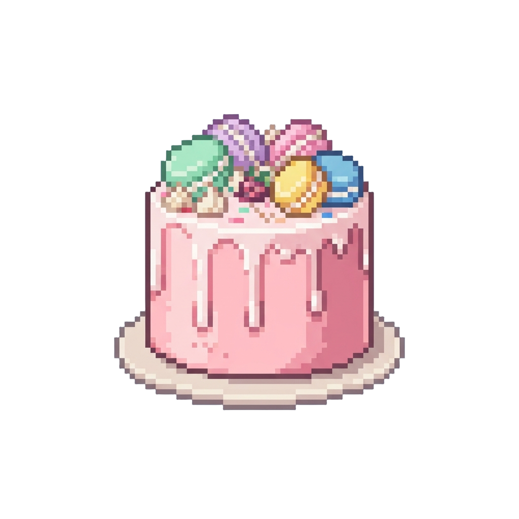 A Pastel Pink Drip Cake Topped with Colorful Macarons