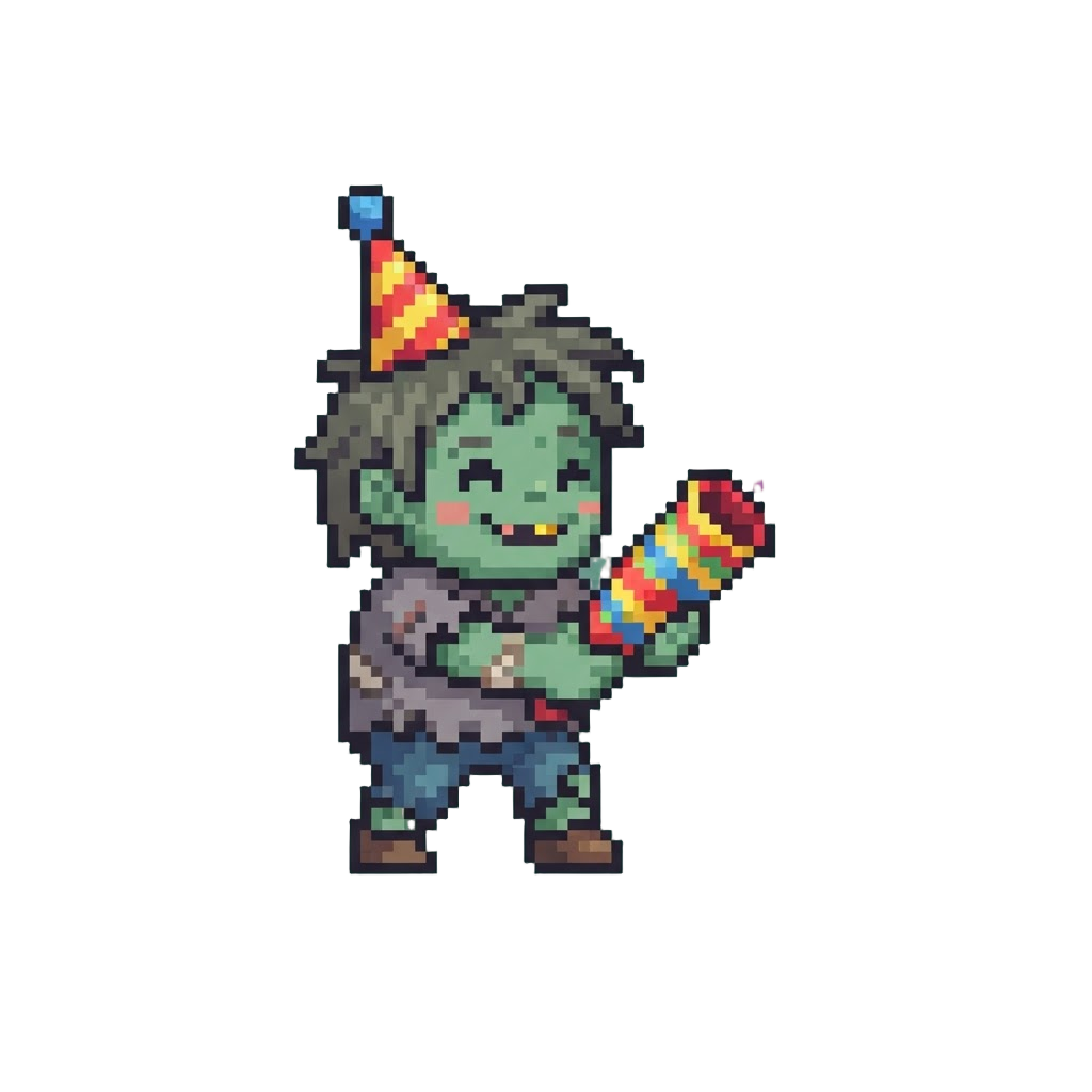 A Friendly Zombie Wearing a Party Hat Popping a Confetti Cannon