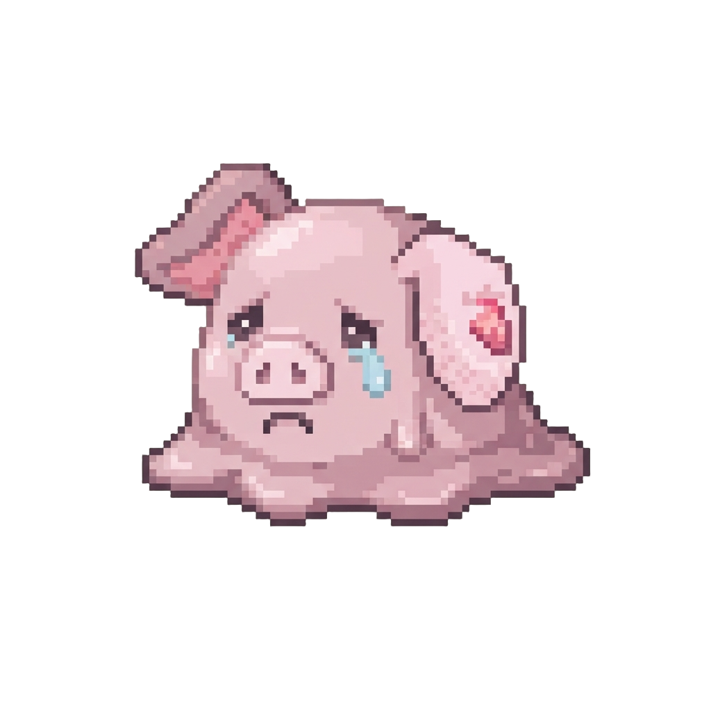 A Sad Melted Piglet with Crooked Strawberry Marshmallow Ears Sliding Off