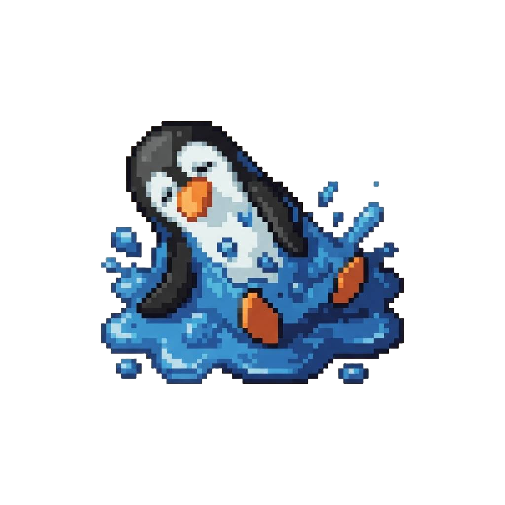 A Melted Penguin Tilting Into a Chaotic Pool of Blue Raspberry