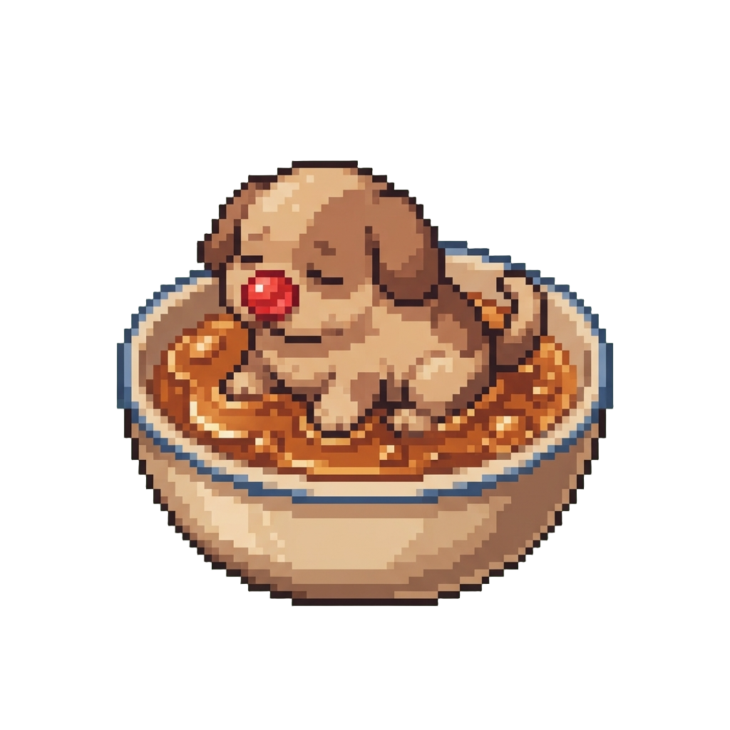 A Slumped Lumpy Puppy Blob with a Single Candy Nose Afloat in Syrup