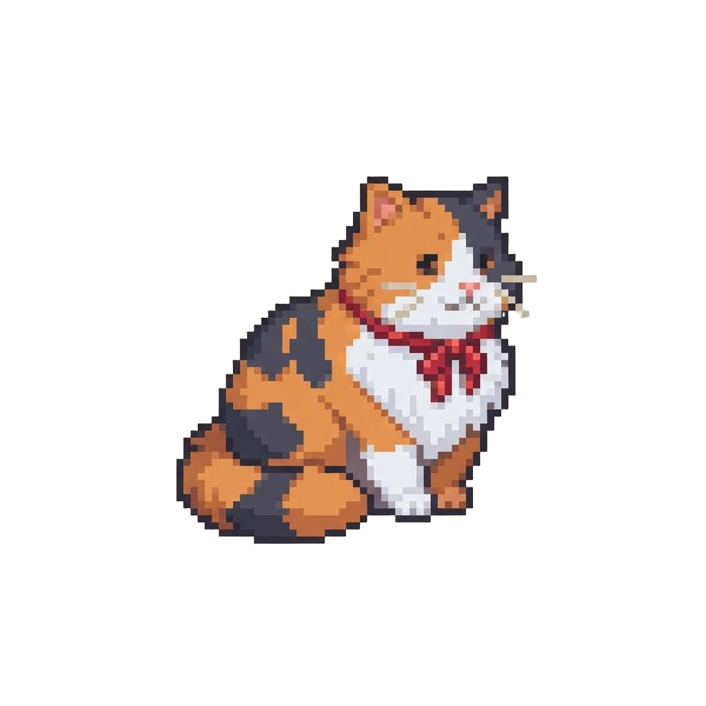 A Fluffy Calico Cat with a Red Ribbon