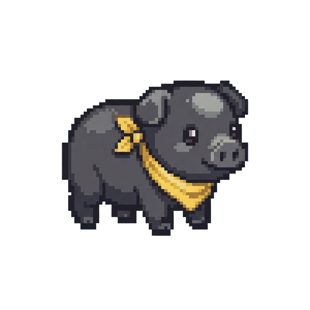 A Cute Small Black Piglet Wearing a Yellow Bandana