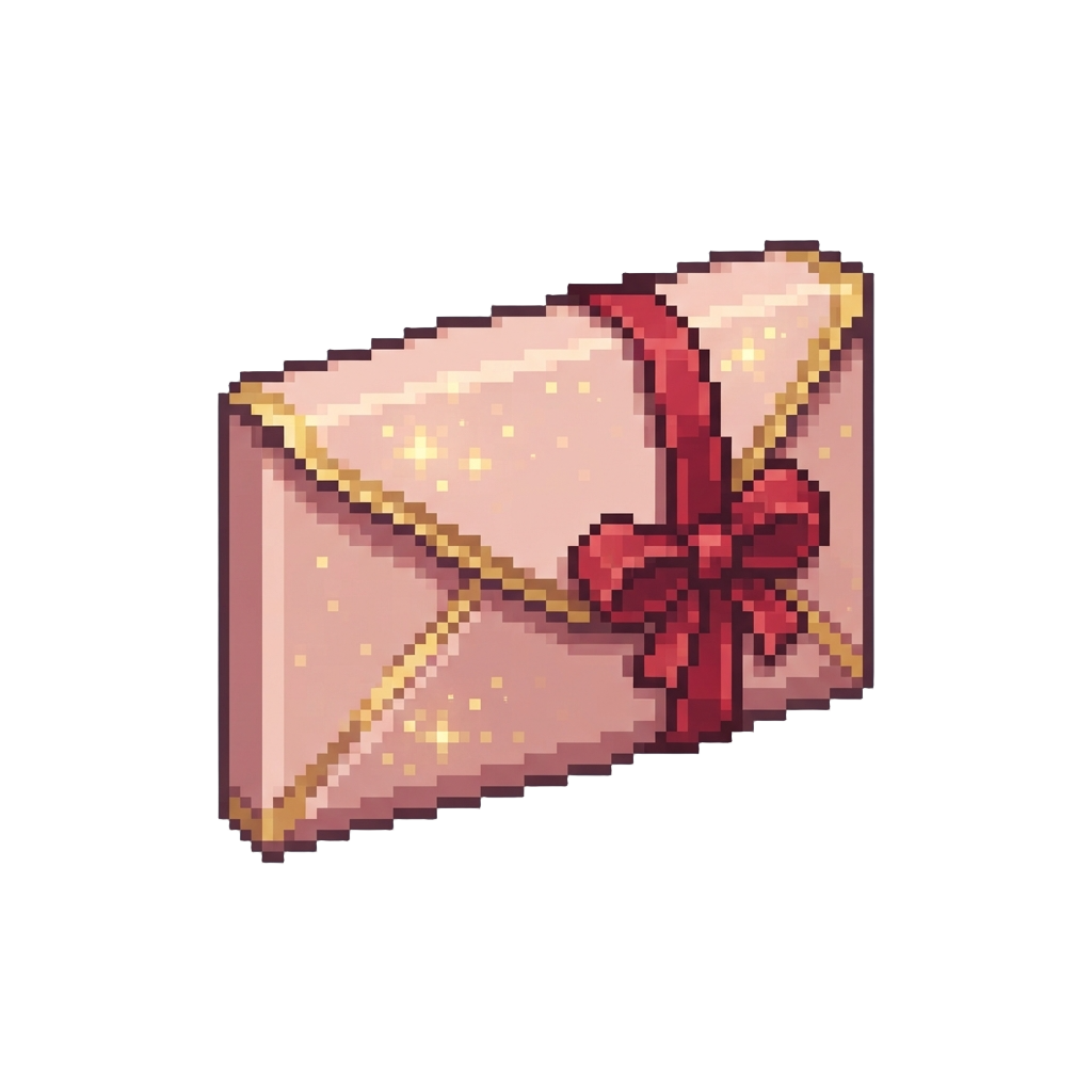 A Gilded Blush Envelope Tied with Crimson Silk Ribbon and Dusted with Gold Shimmer