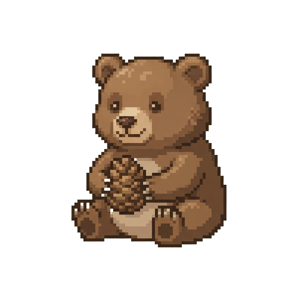 A Chubby Brown Bear Cub Holding a Pinecone