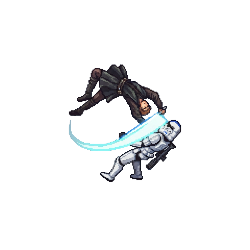 A Dramatic Acrobatic Force Jump Flip Over the Trooper with a Precise Saber Strike