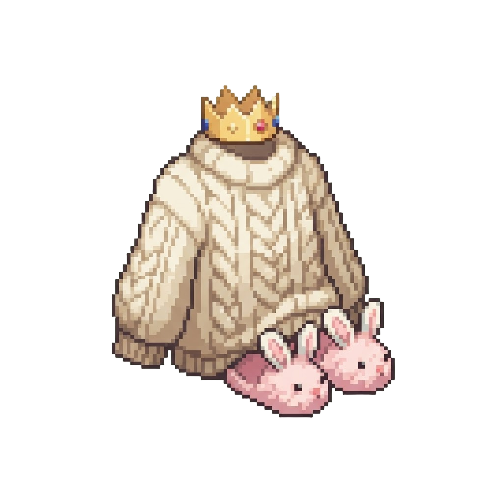 A Cozy Knitted Oversized Sweater and Fluffy Bunny Slippers with a Paper Crown