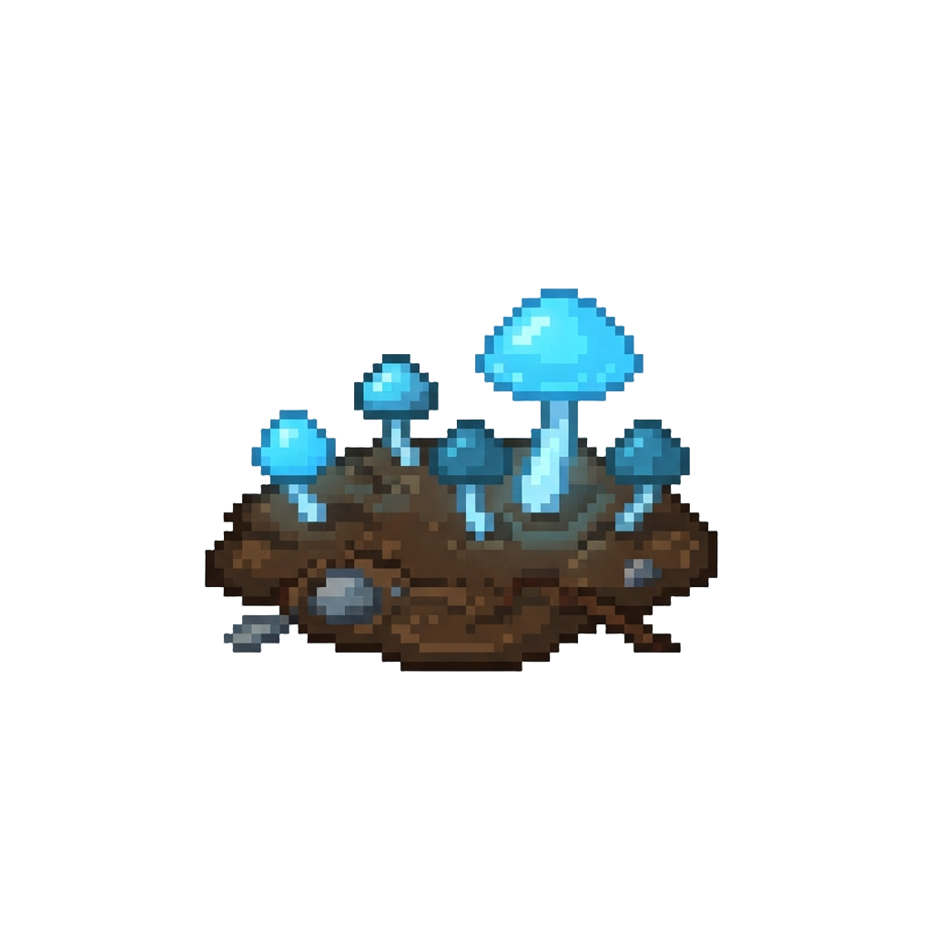 A Muddy Patch Dotted with Glowing Blue Mushrooms