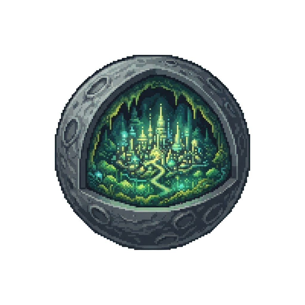 A Hollow Lunar Interior Housing a Subterranean Glowing Jungle Metropolis