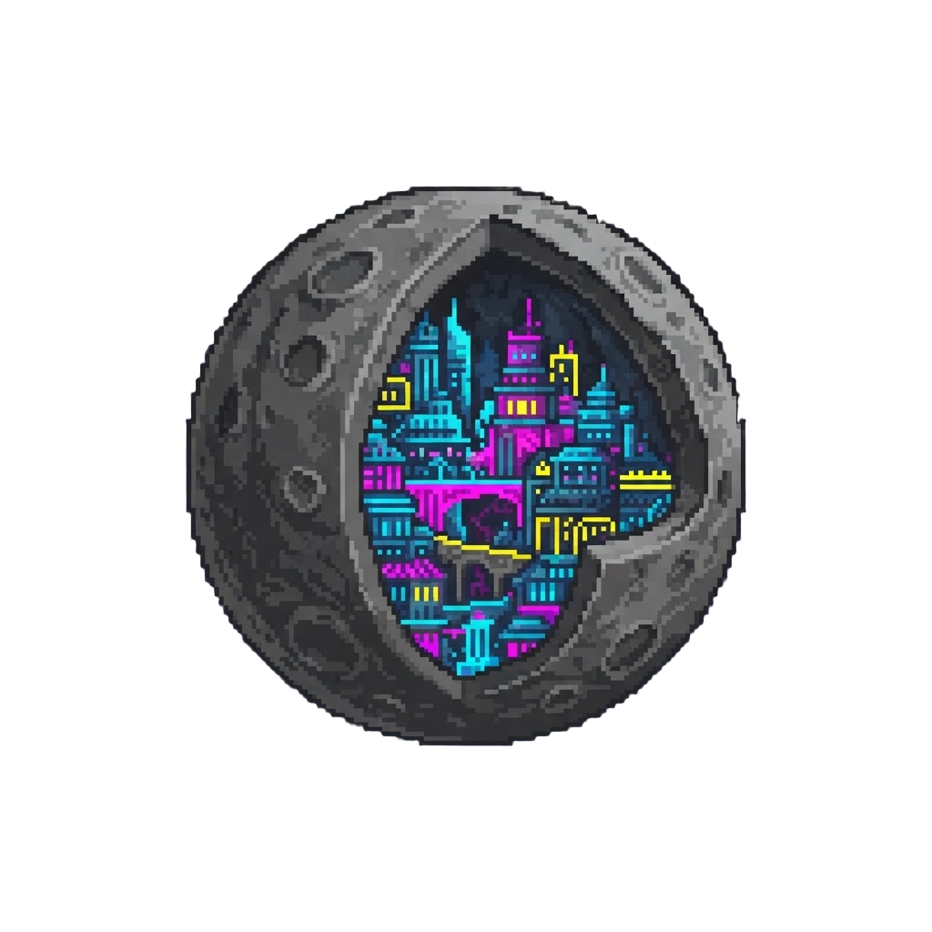 A Colossal Hollow Moon Containing an Ancient Glowing Neon City